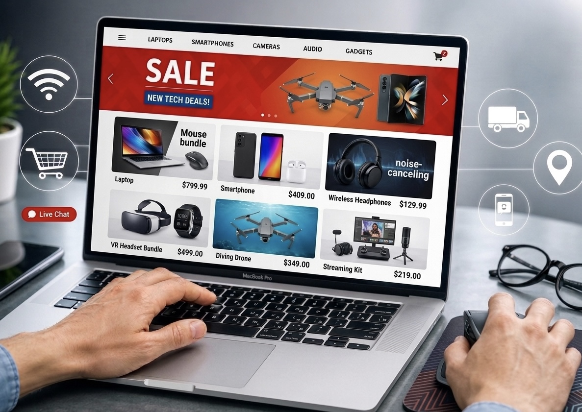 A laptop showing an e-commerce analytics charts page, and an abstract 3D model symbolizing an online store, marketplace, and landing page.