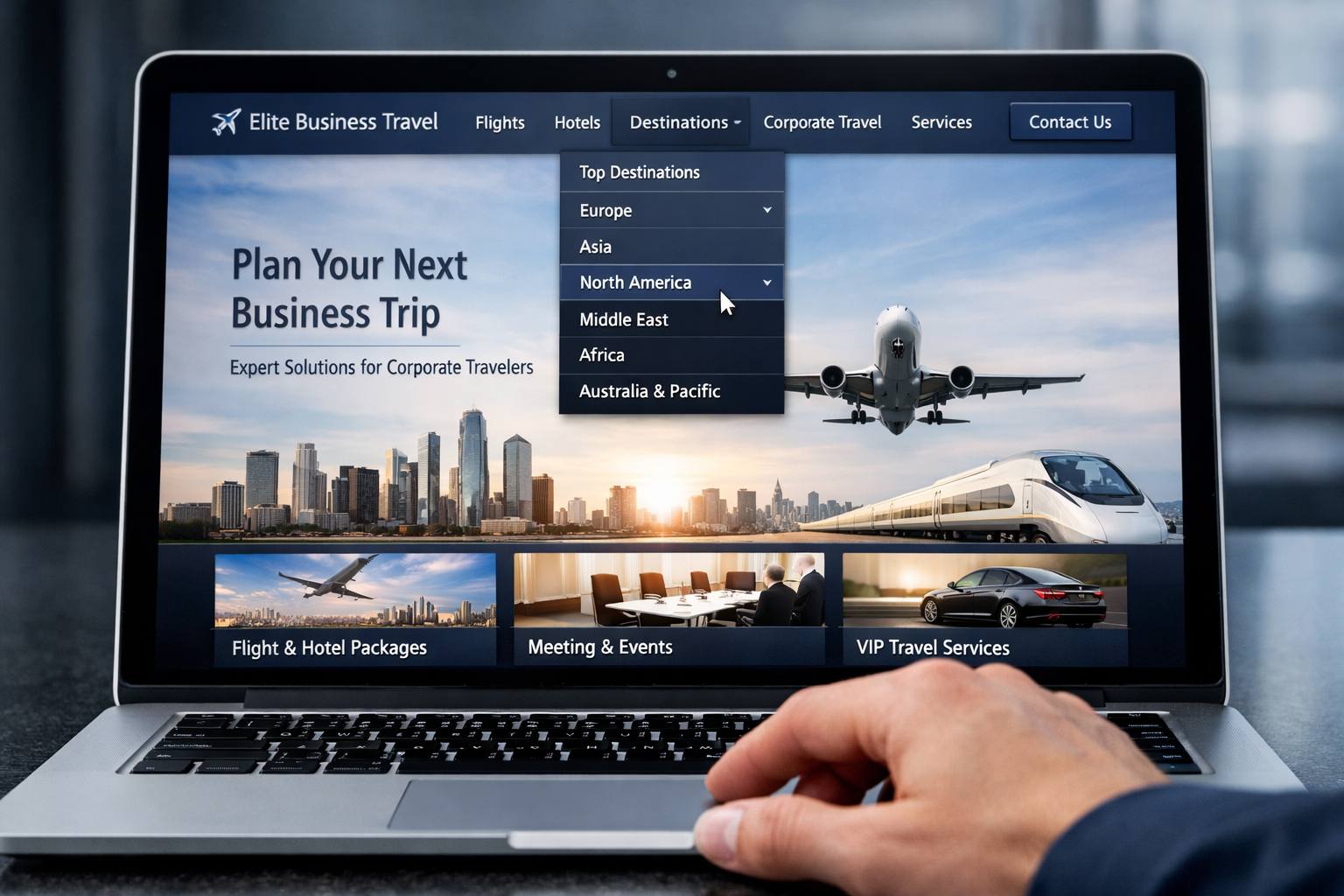 Corporate website interface on a laptop screen as an example of an effective sales system by Neo Creation.