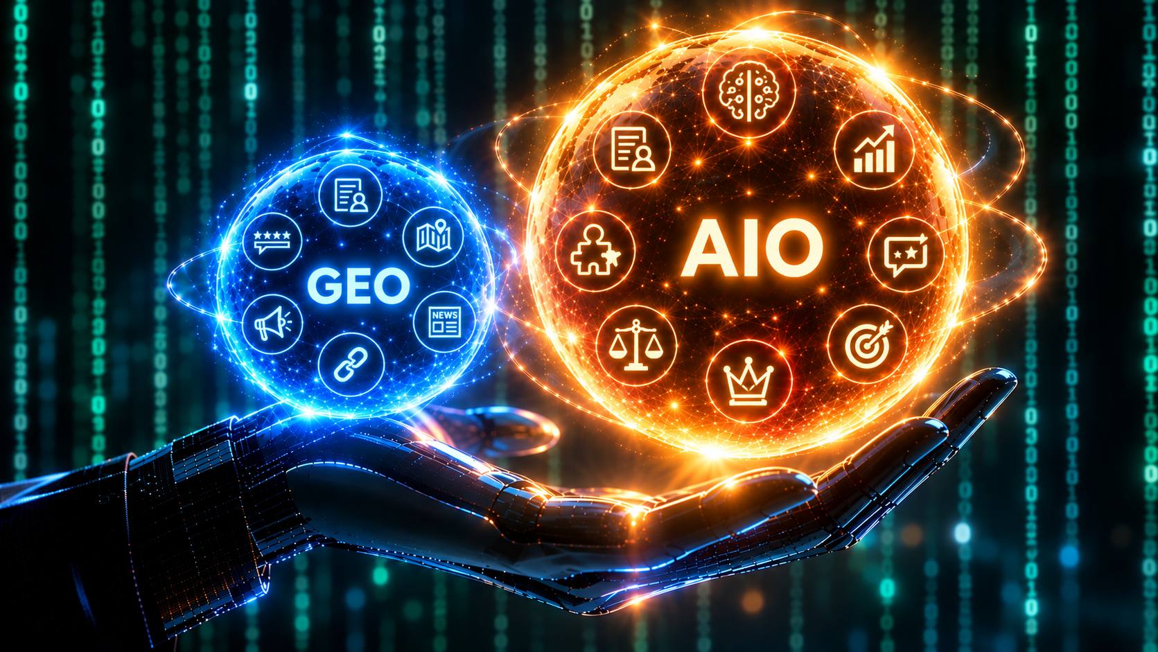 Роботизована рука тримає сяючі сфери AIO та GEO на тлі бінарного цифрового коду.