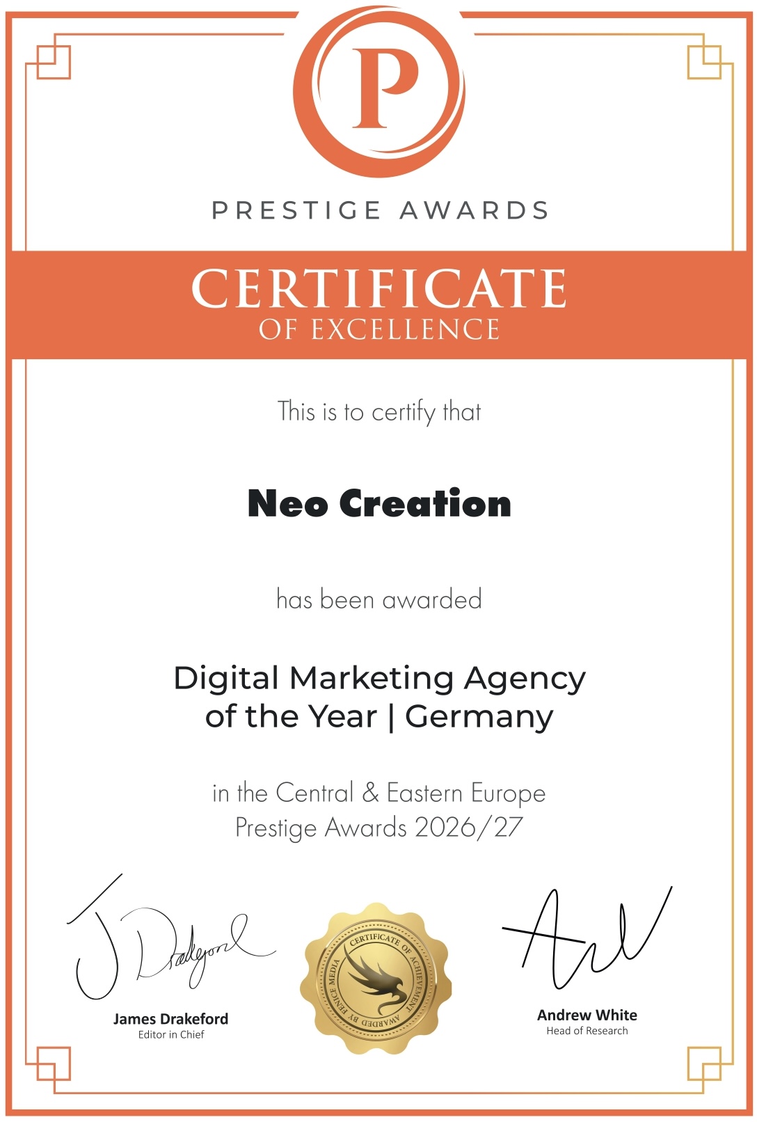 Zertifikat der Central & Eastern Europe Prestige Awards, das den Sieg von Neo Creation als Digital Marketing Agency of the Year in Deutschland bestätigt.