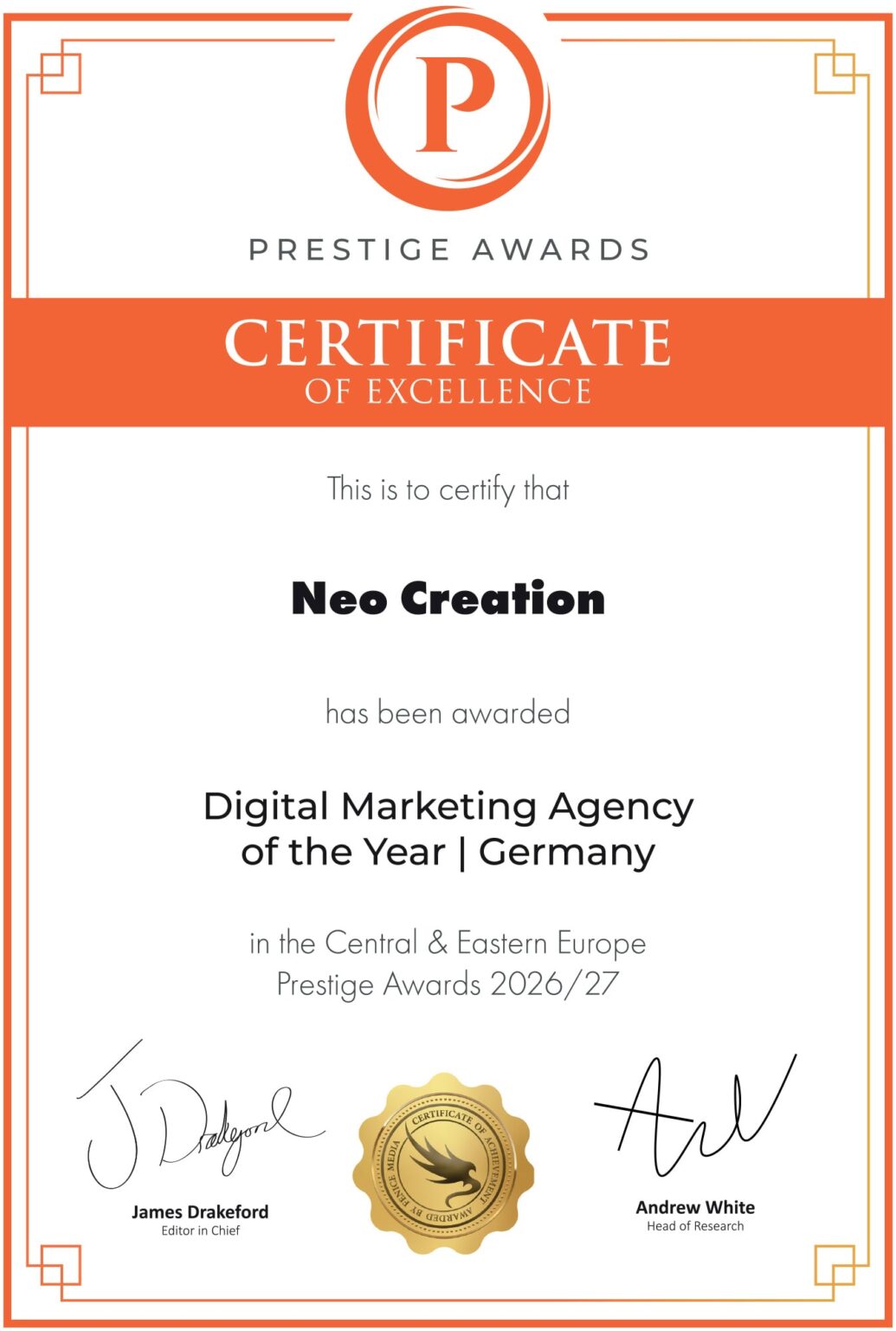 Prestige Awards – Certificate of Excellence, Neo Creation Digital Marketing Agency of the Year 2026
